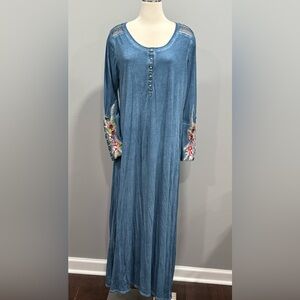 Soft Surroundings Ava Embroidered Long Sleeve Bohemian Blue Maxi Dress XL